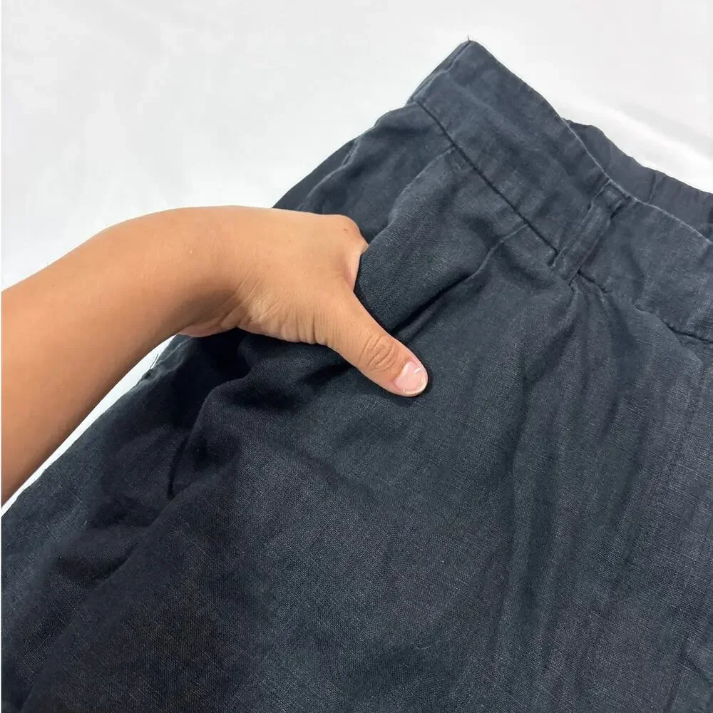 Quince Womens 10 Black 100% European Linen Pleated Trouser Pants Lagenlook